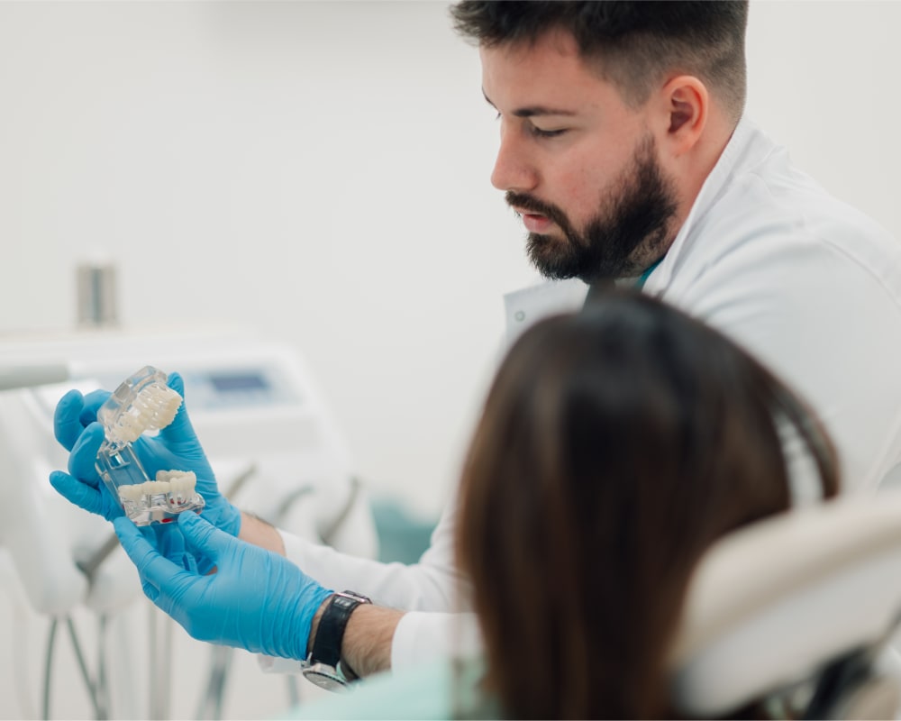 A dentist shows a female patient a set of dentures.